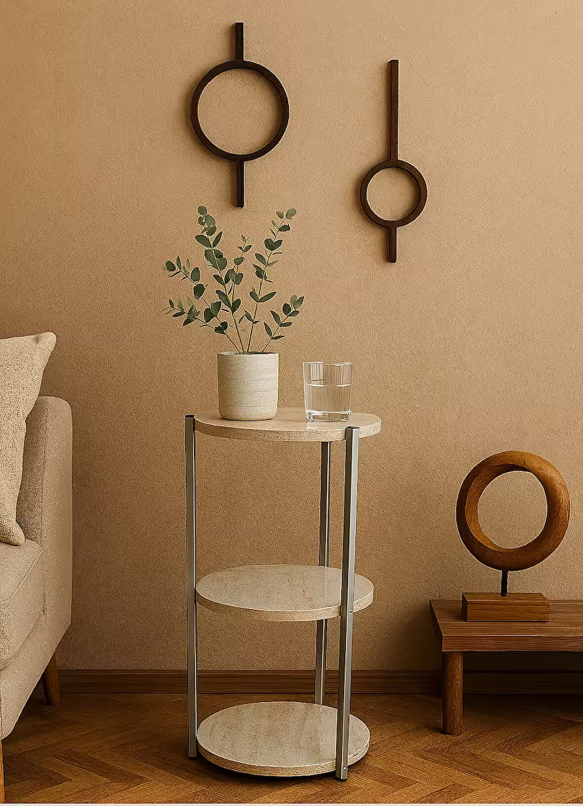 Çok Amaçlı 3 Katlı Raf - Çiçeklik, Organizer, Sehpa Ve Köşe Rafı - Gold - Traverten