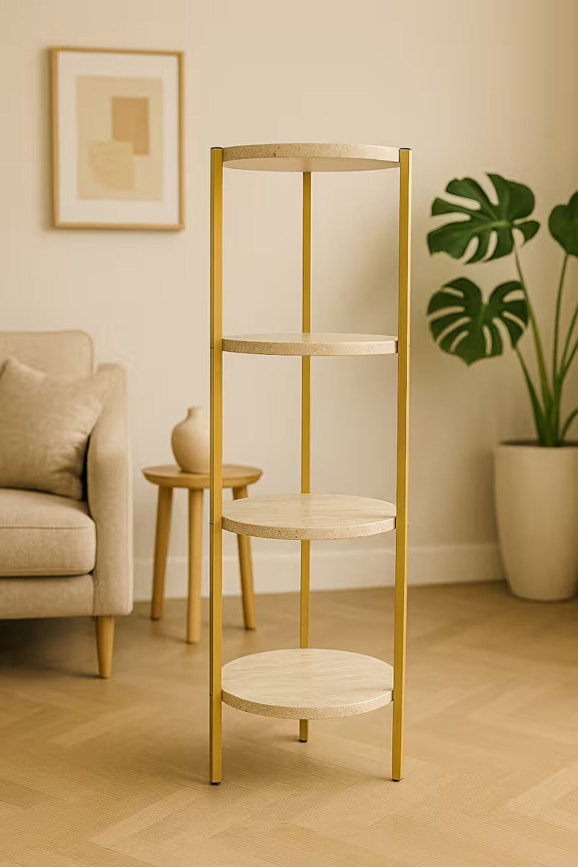 Çok Amaçlı 4 Katlı Raf - Çiçeklik, Sehpa, Organizer ve Köşe Rafı - Gold - Traverten Desen