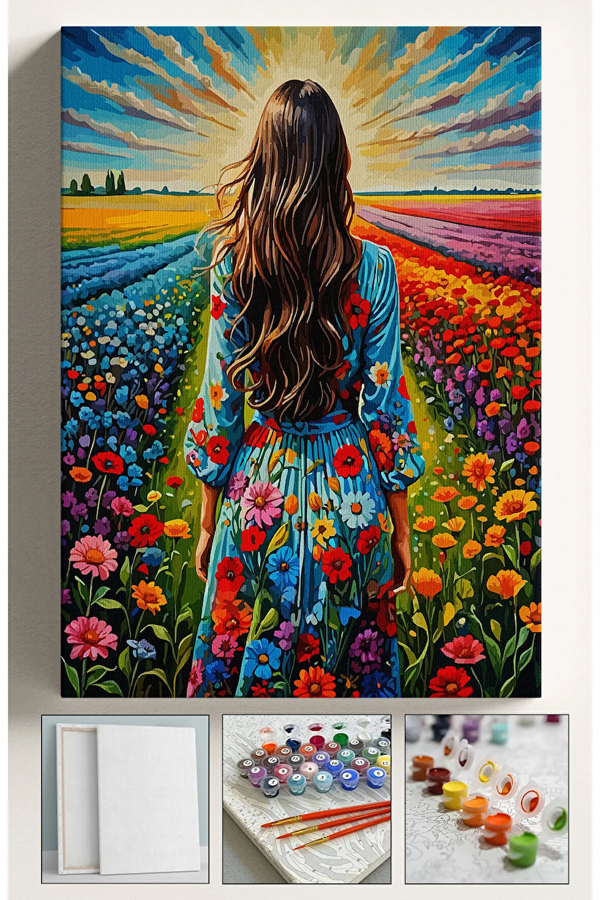 Sayılarla Boyama Çerçeveli Hobi Seti Numaralı Tuval Fırça Boya Dahil Kasnaklı 40X50 Cm ÇİÇEK TARLASI