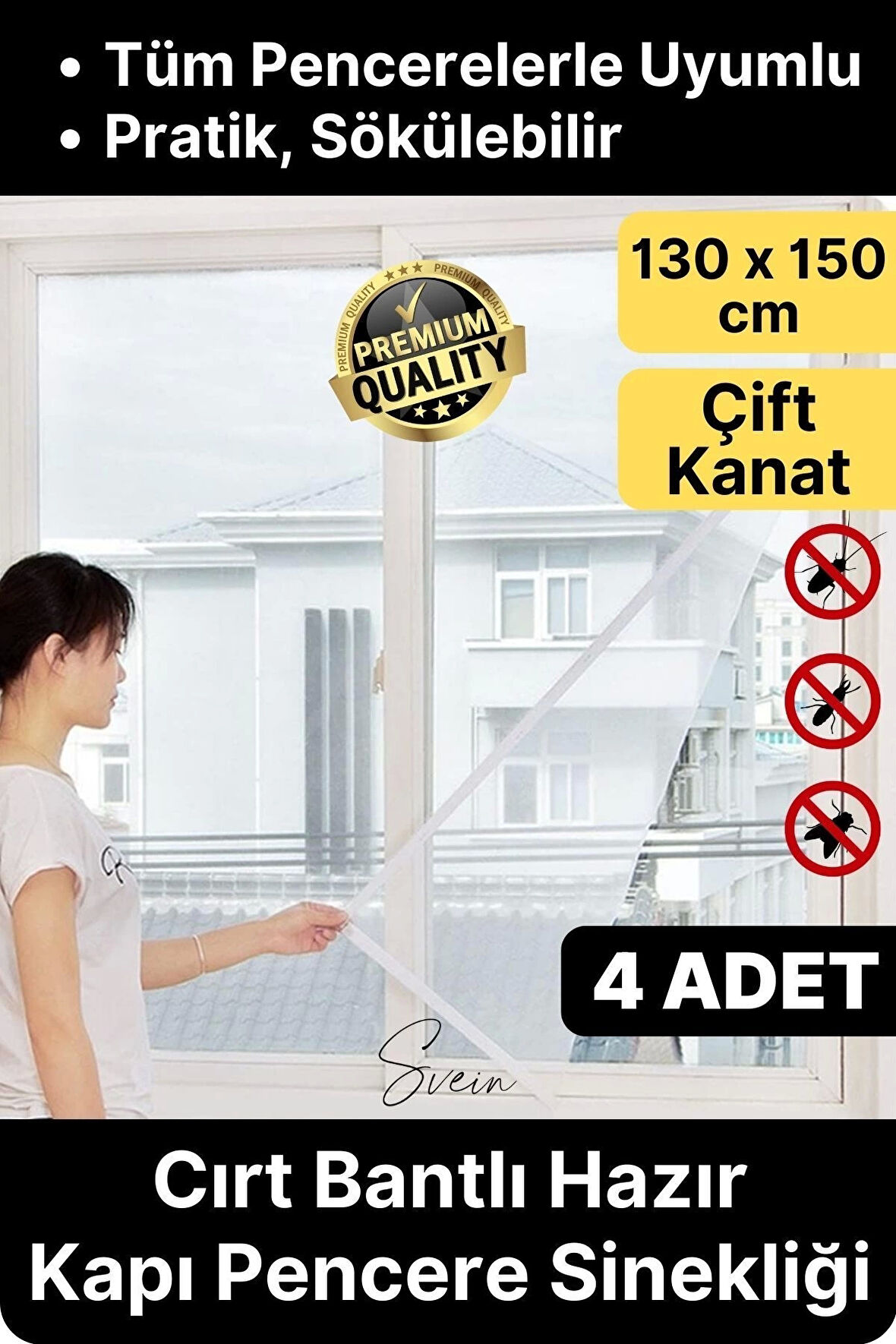 4 Adet Pratik Cam Pencere Kapı Uyumlu Çift Kanat Yırtılmaz Dayanıklı Kendinden Yapışkanlı Sineklik