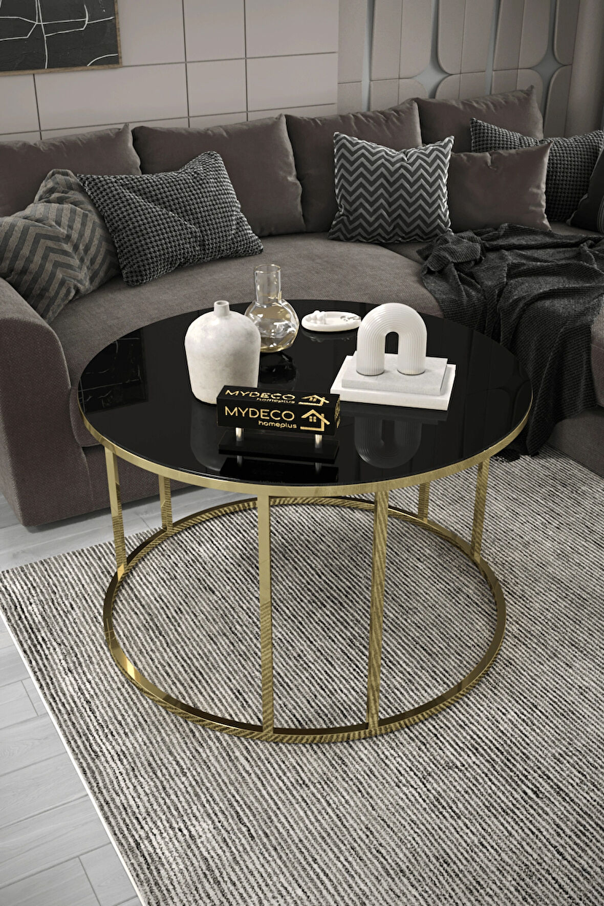 Çift Bacak Orta Sehpa Gold Ayak Siyah Ayna 