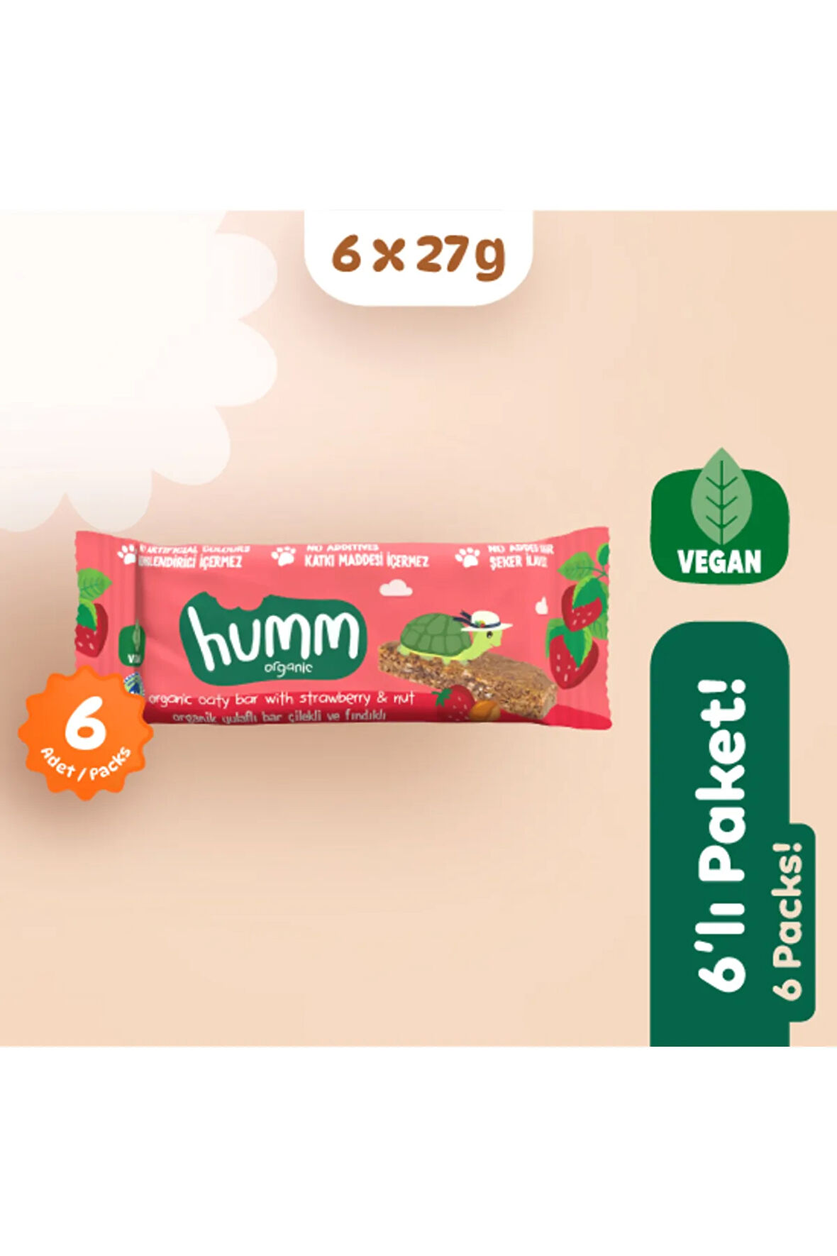 Humm Organic Organik Vegan Çilekli ve Fındıklı Yulaf Bar - 27 G X 6 adet