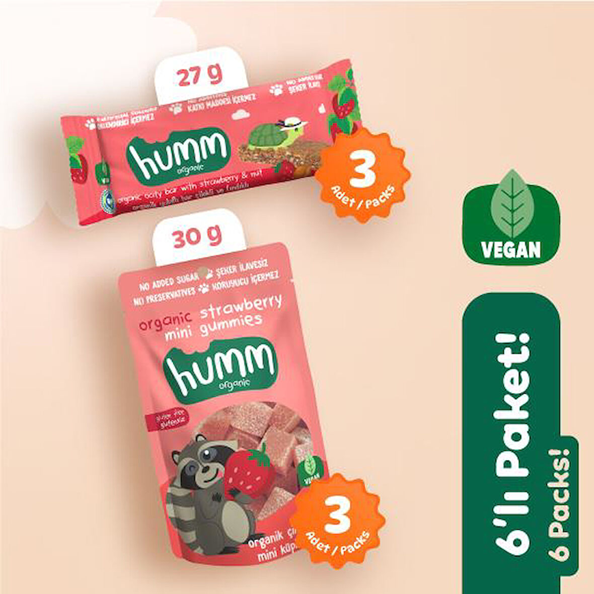 Organik Vegan Çilekli Atıştırmalık Paketi - 6 adet (2 çeşit)