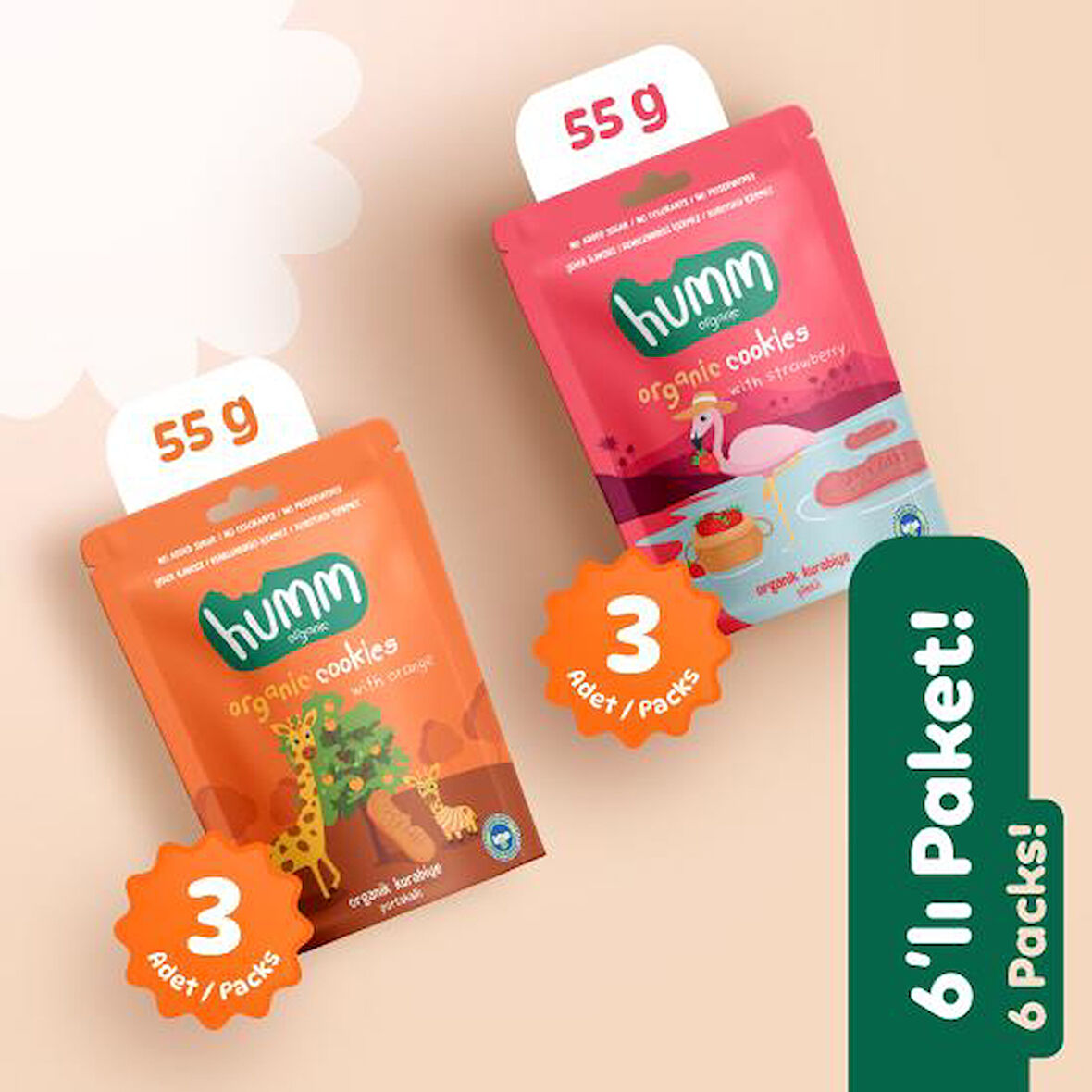 Organik Vegan Çilekli Kurabiye ve Portakallı Kurabiye Atıştırmalık Paketi - 6 adet (2 çeşit)