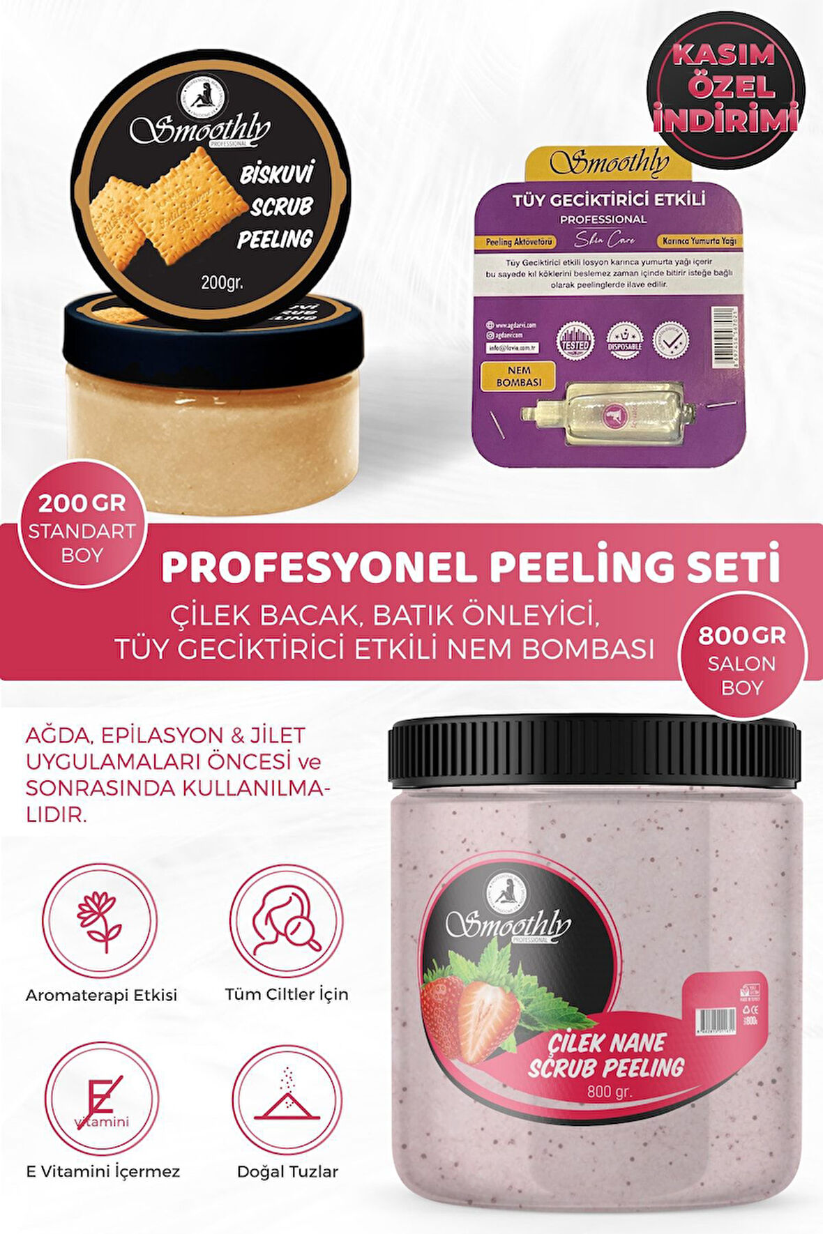 Epilasyon Ağda Sonrası Batık Peeling Çilek Nane Peeling 800ml + Bisküvi Peeling + Tüy Geciktirici