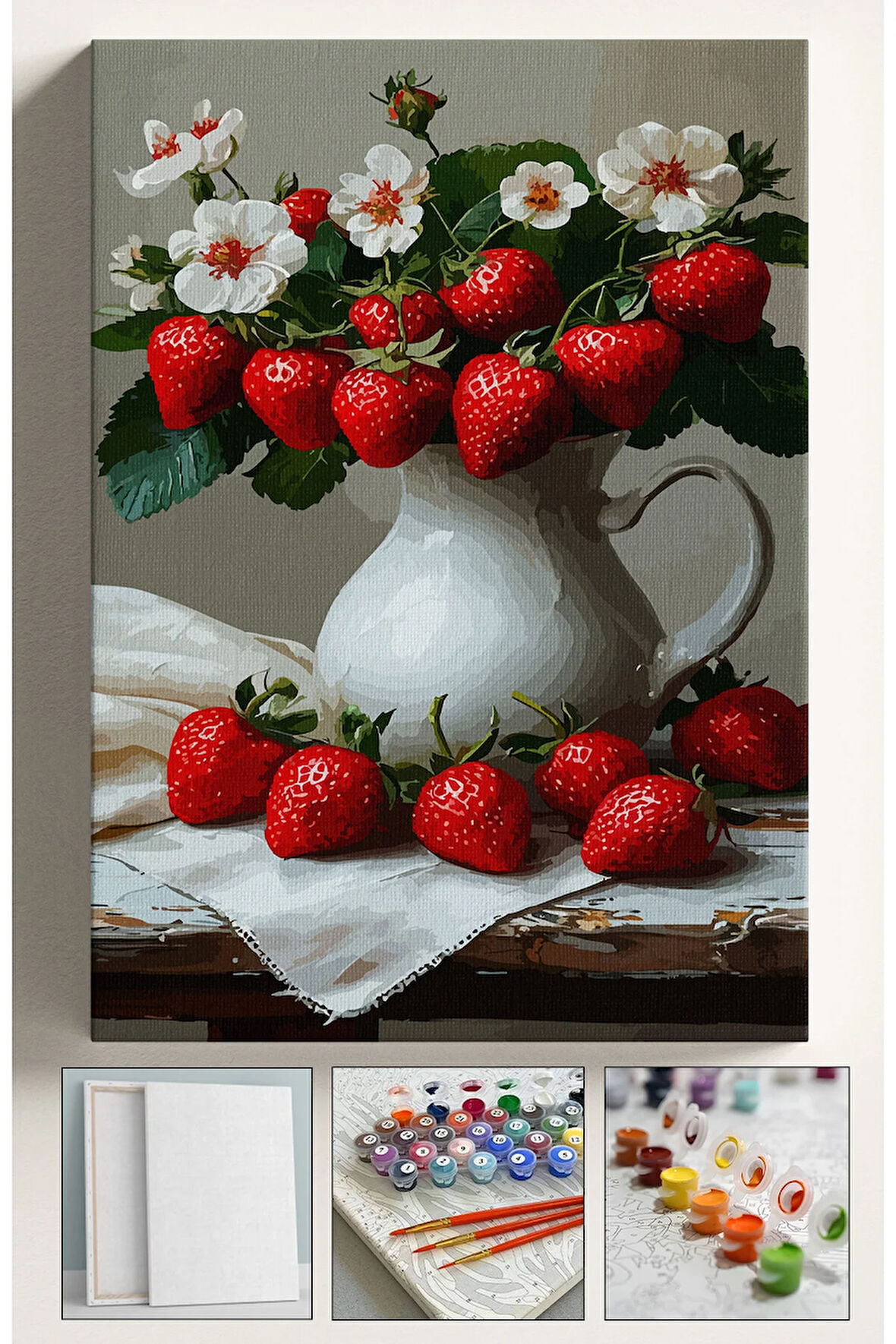 Sayılarla Boyama Çerçeveli Hobi Seti Numaralı Tuval Fırça Boya Dahil Kasnaklı ÇİLEK VAZOSU 40X50 Cm