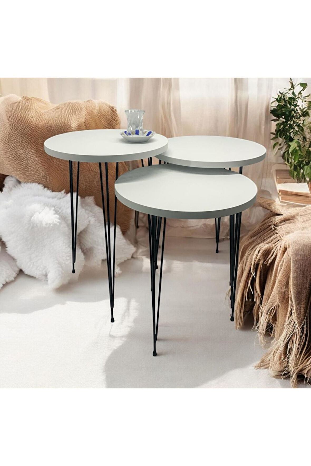 Zigon Sehpa 3'lü Yuvarlak Model Metal Tel Ayak (BEYAZ) 
