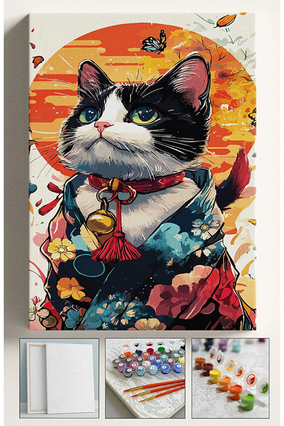 Sayılarla Boyama Tuval Seti Fırça Boya Dahil (Çıtalı) 40x50 CM - ÇINGIRAKLI KEDİ