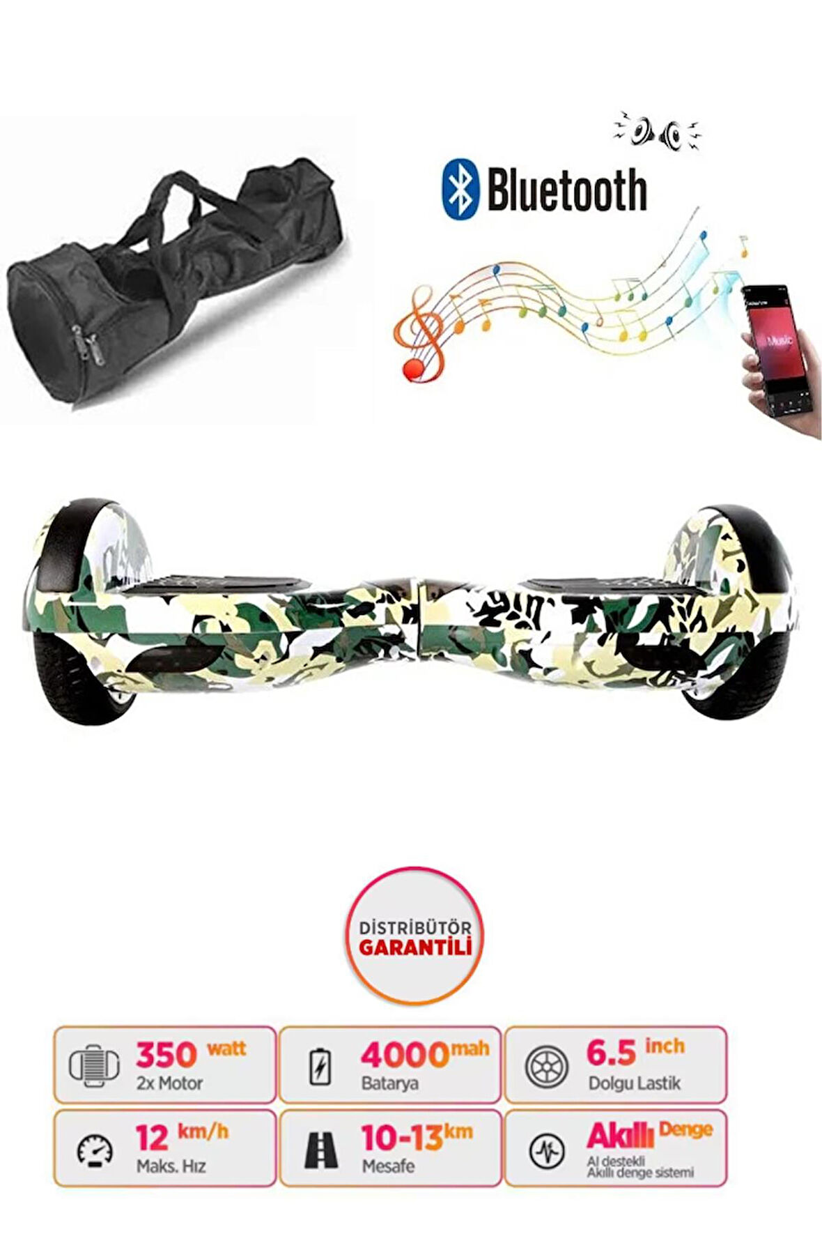 Elektrikli Kaykay Hoverboard 6.5 Inch Yeşil Kamuflaj Grafity Desenli Akıllı Denge Taşıma Çanta Hediye