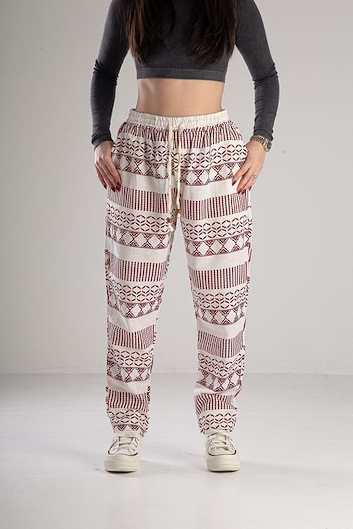 Bordo Desenli Keten Pantolon