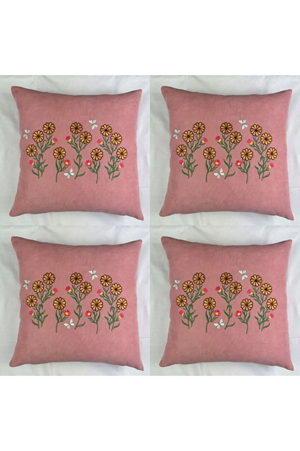 Çiçek Desenli Nakışlı Kırlent Kılıfı Fermuarlı 40x40 4'lü