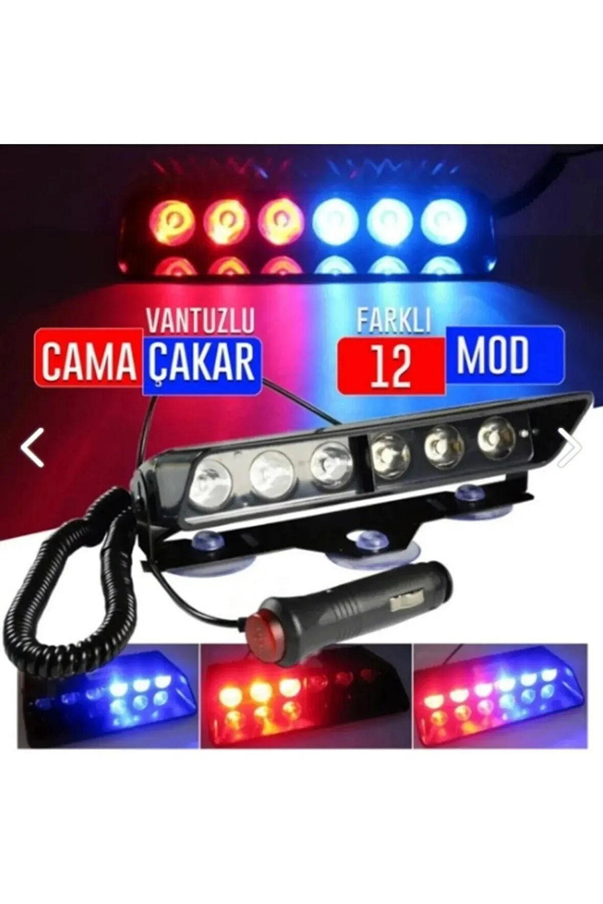 S6 Polis Çakar Lamba Cam Içi Vantuzlu 6 Led Kırmızı Mavi Çakmaklık Girişli 12 Mod Polis Lamba