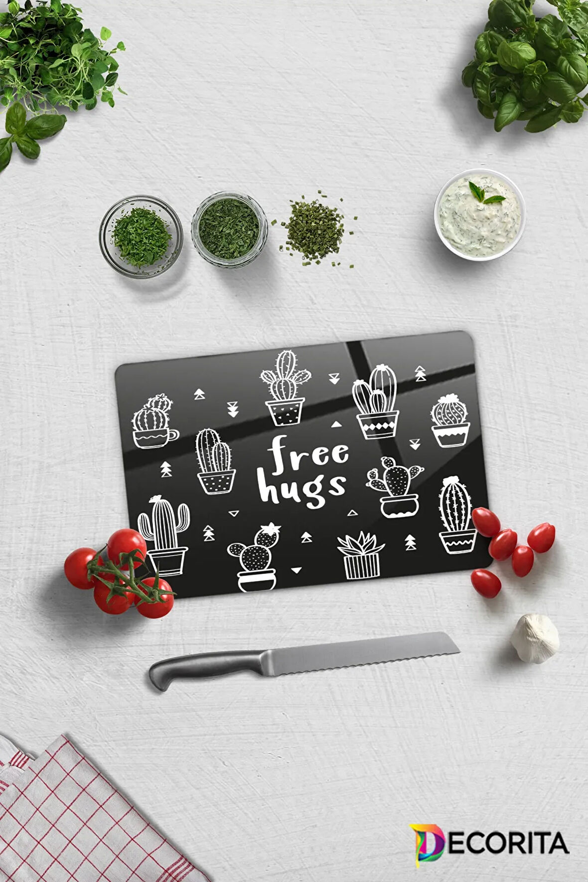 Cam Kesme Tahtası | Cam Kesme Tablası | Free Hugs - Siyah Fon | 20cm x 30cm