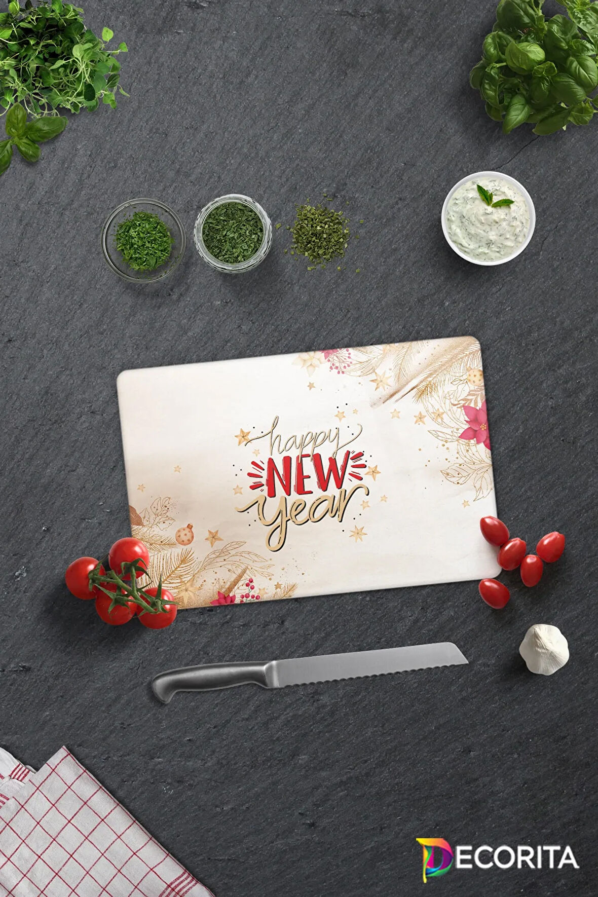 Cam Kesme Tahtası - Cam Kesme Tablası | Happy New Year - Gold | 20cm x 30cm