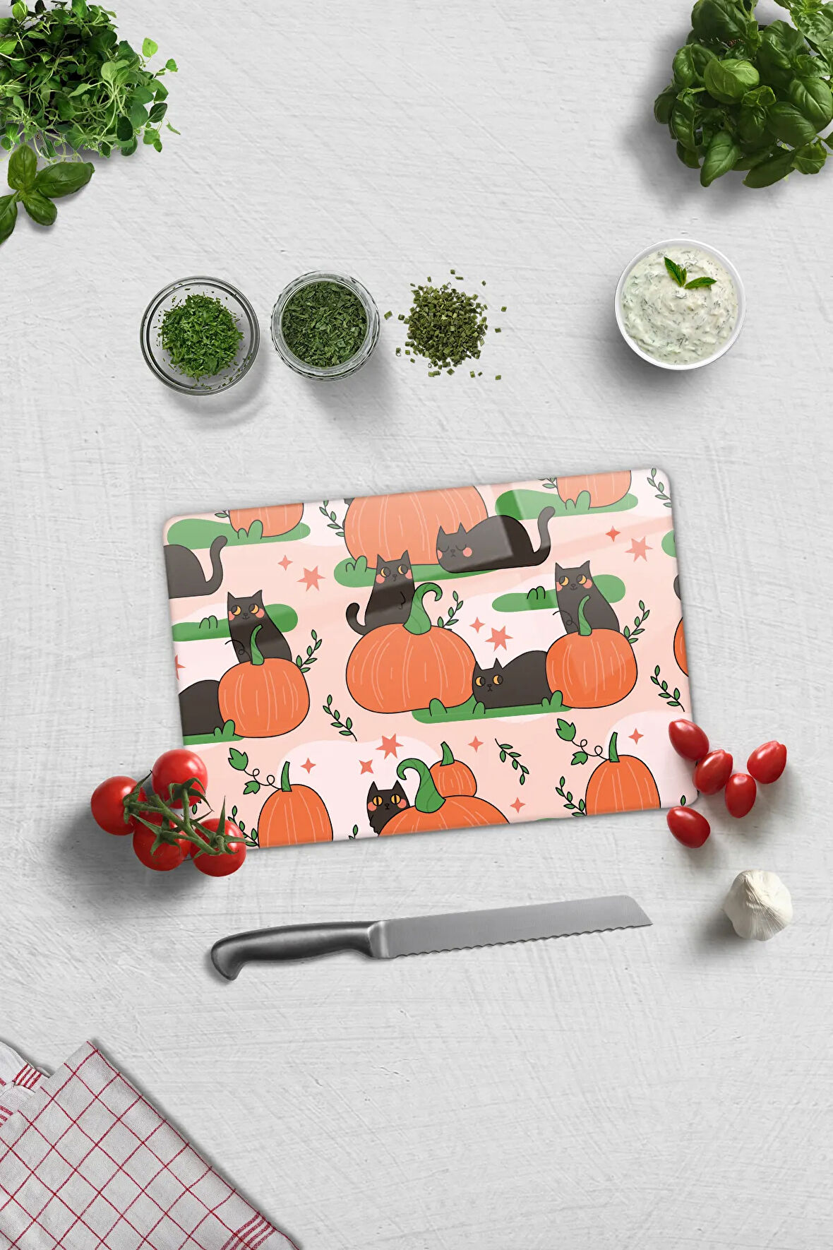 Cam Kesme Tahtası - Cam Kesme Tablası | Balkabağı ve Kedi | 20cm x 30cm