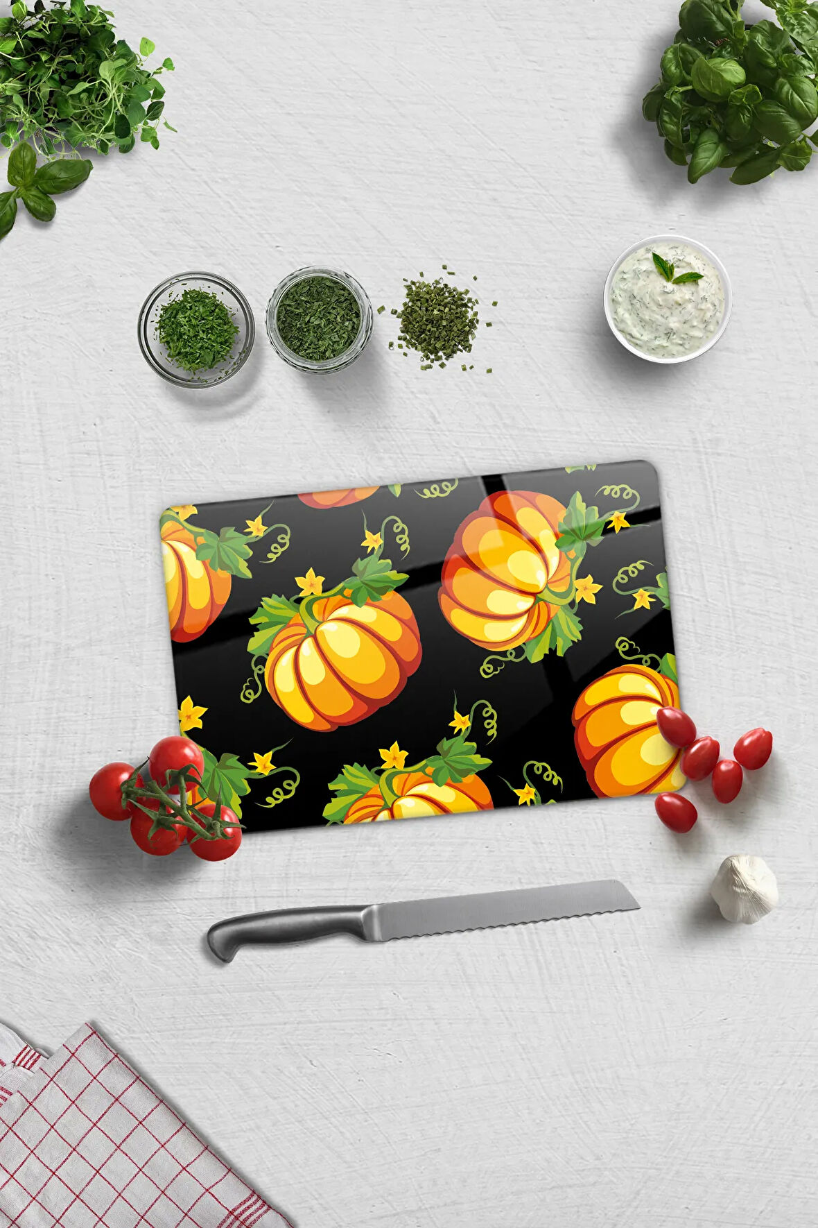 Cam Kesme Tahtası - Cam Kesme Tablası | Balkabağı Siyah Fon | 20cm x 30cm