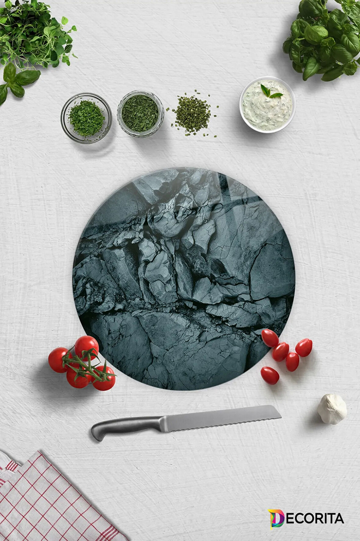 Cam Kesme Tahtası - Cam Kesme Tablası | Doğal Taş Desen | Çap32cm