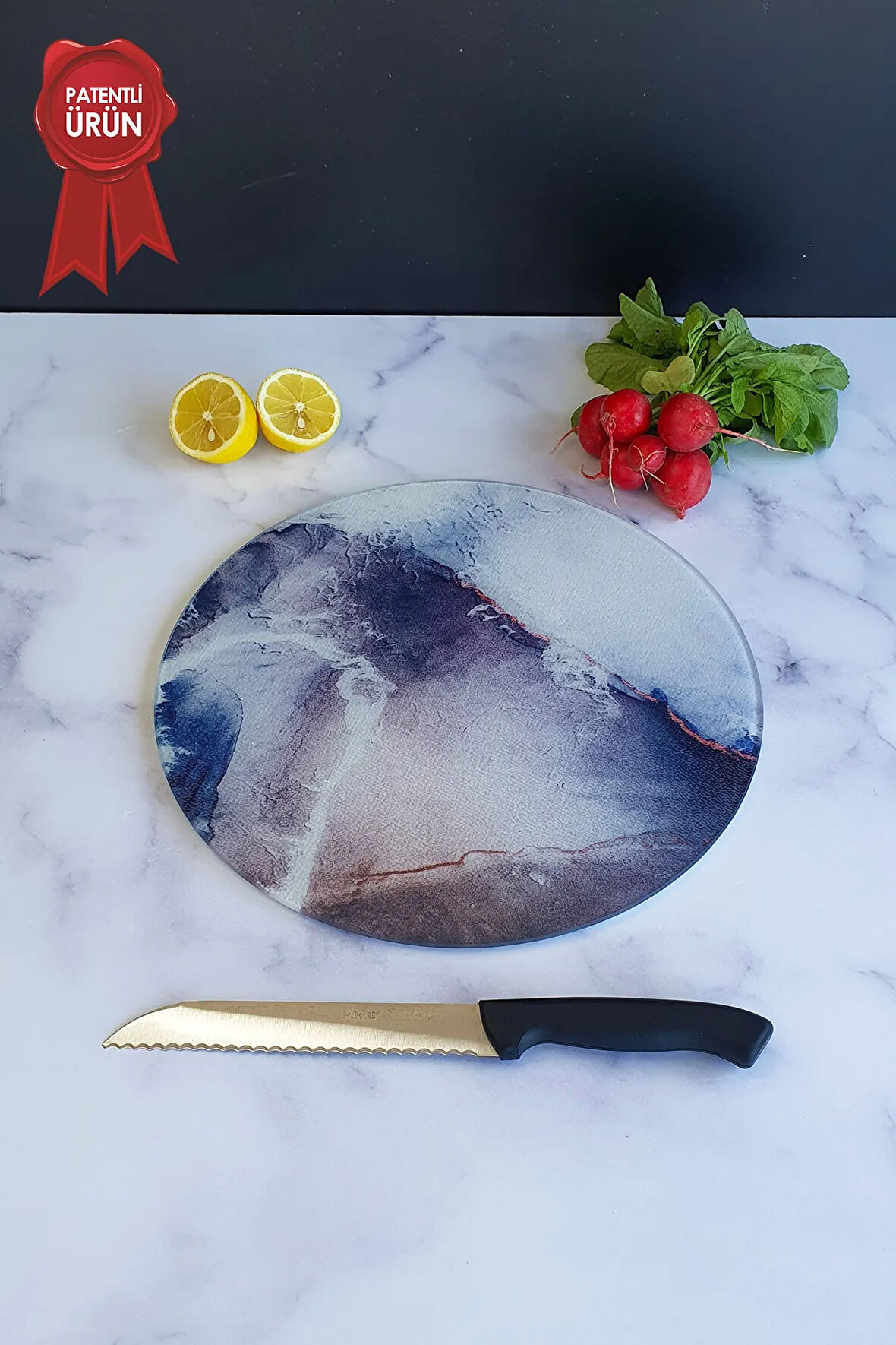 Cam Kesme Tahtası - Cam Kesme Tablası | Buzlu Cam - Ocean | Çap32cm