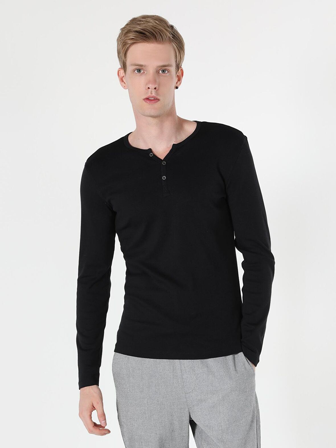 Slim Fit Placket Neck Erkek Siyah Tshirt U.Kol