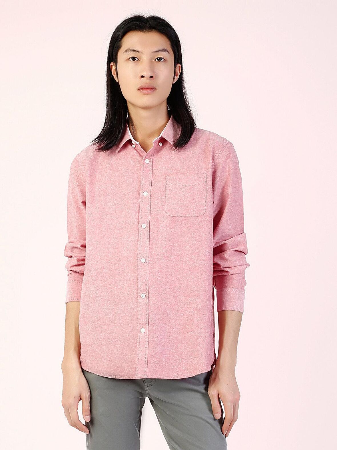  Regular Fit Shirt Neck Erkek Pembe Uzun Kol Gömlek