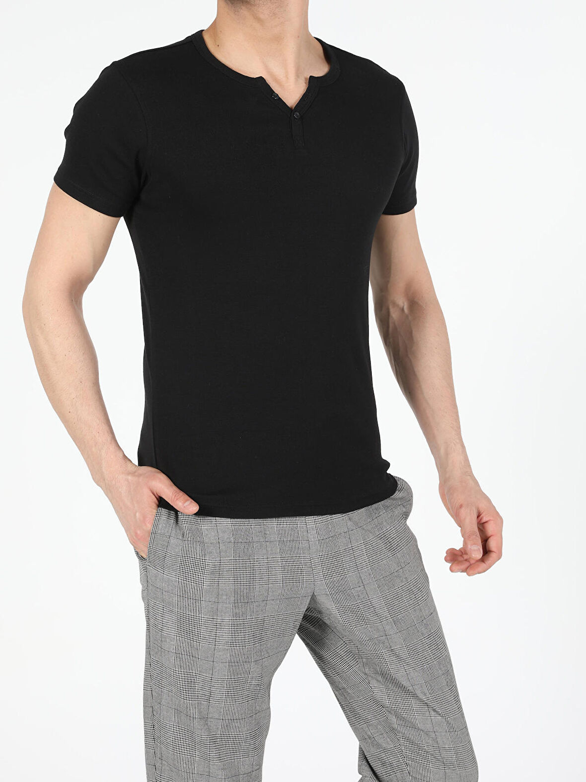 Slim Fit Placket Neck Basic Siyah Erkek Kısa Kol Tişört