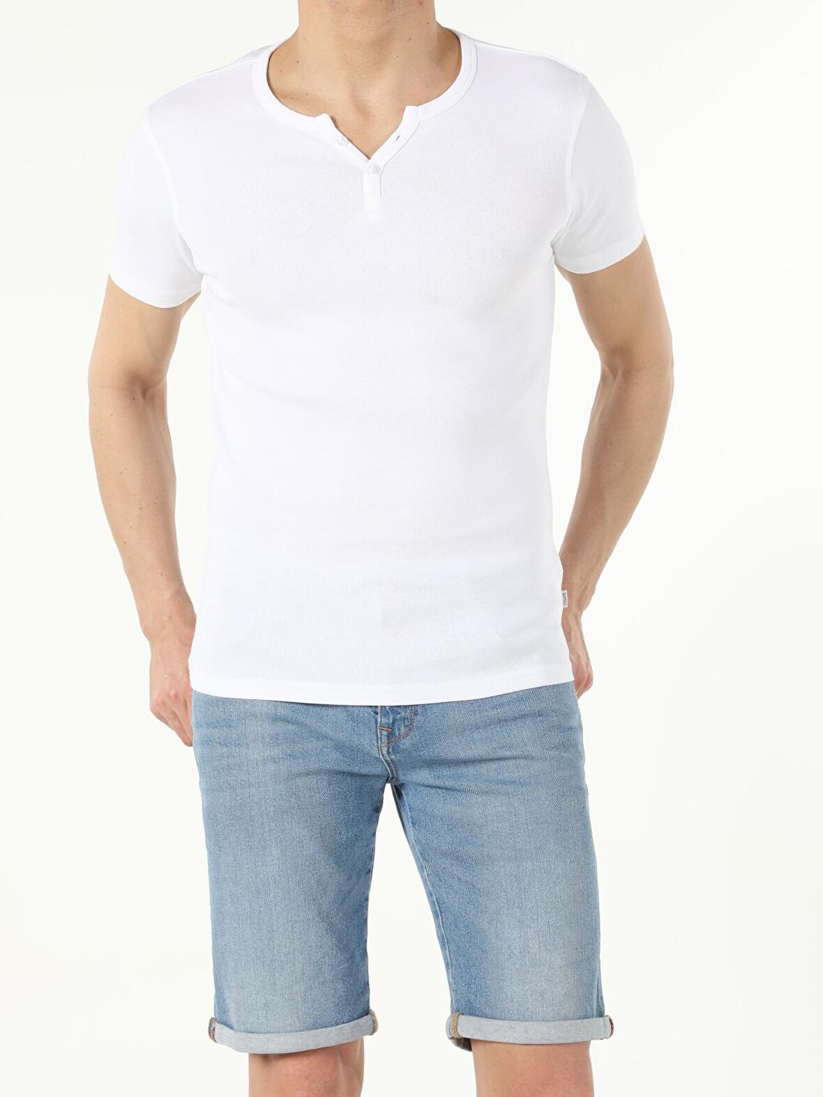 Slim Fit Placket Neck Basic Beyaz Erkek Kısa Kol Tişört