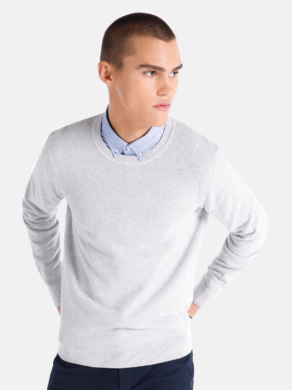 Regular Fit Bisiklet Yaka Basic Beyaz Erkek Kazak