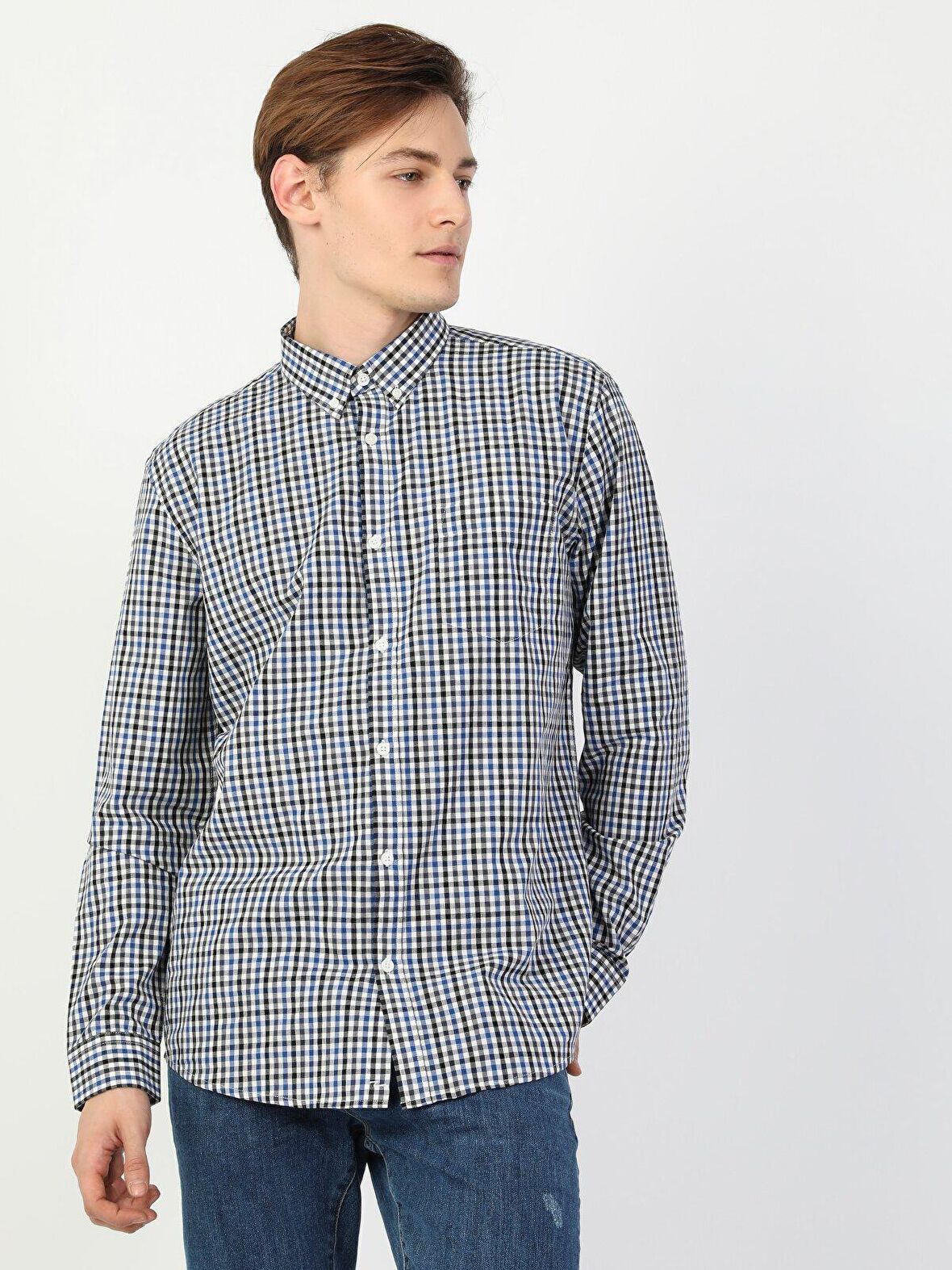  Regular Fit Shirt Neck Erkek Mavi Uzun Kol Gömlek