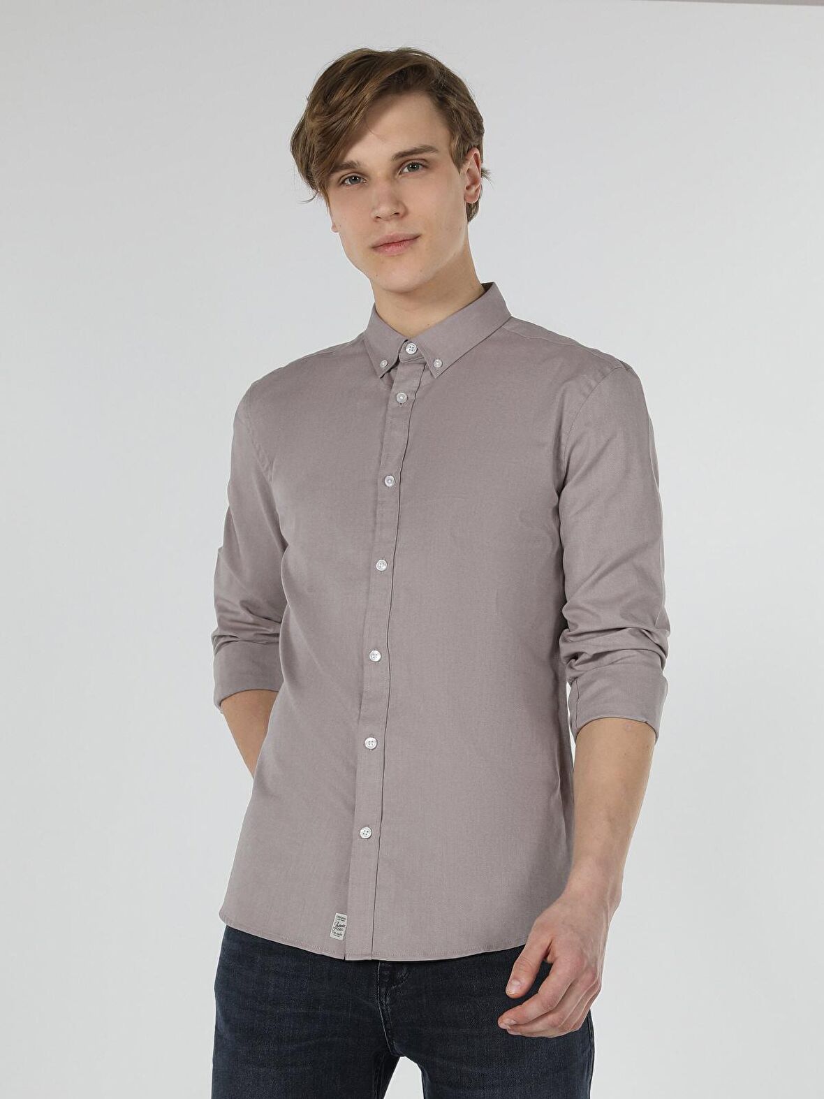 Slim Fit Shirt Neck Sarı Erkek Uzun Kol Gömlek