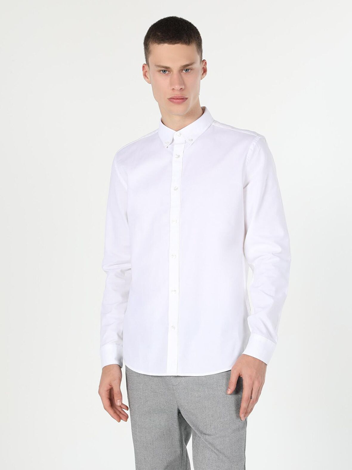  Slim Fit Shirt Neck Erkek Beyaz Uzun Kol Gömlek