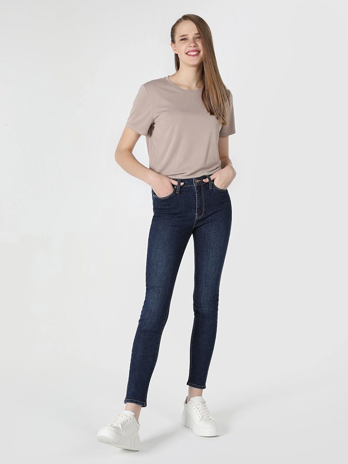 759 Lara Orta Bel Dar Paça Super Slim Fit Koyu Mavi Kadın Jean Pantolon Cl1048737