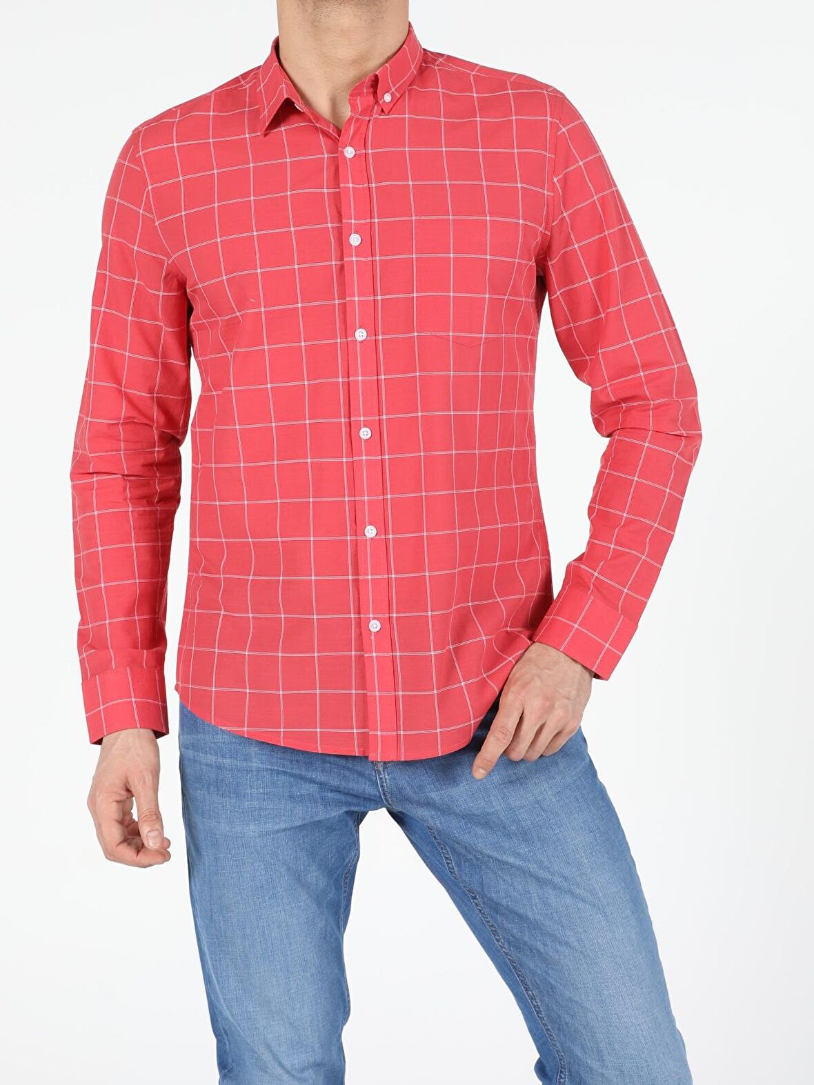 Kırmızı Slim Fit Shirt Neck  Erkek Uzun Kol Gömlek
