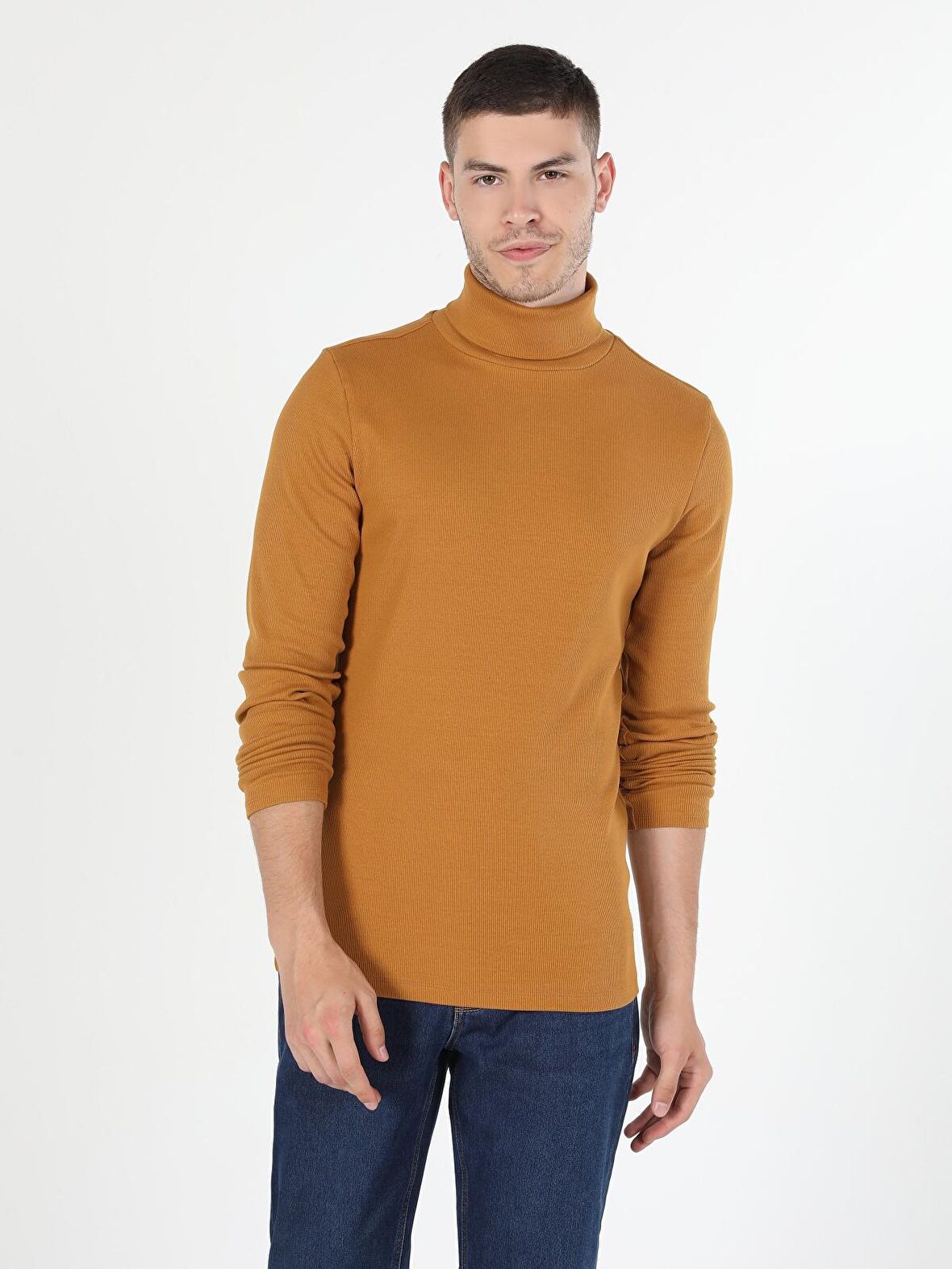 Slim Fit Yarim Balikci Düz Sarı Erkek Uzun Kol Tişört