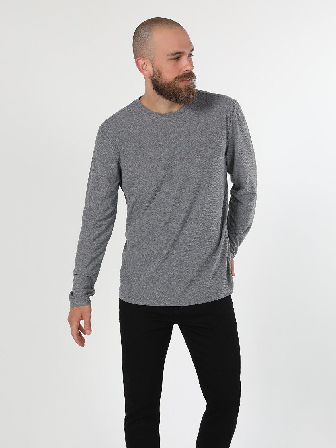 Regular Fit Bisiklet Yaka Erkek Gri Melanj Tshirt U.Kol