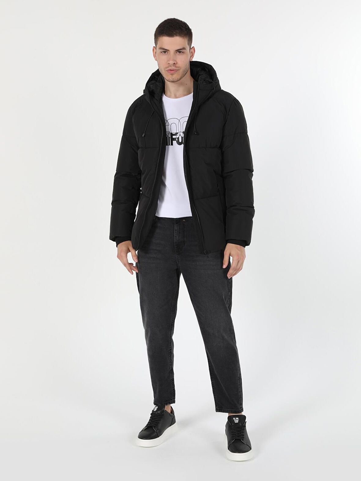 Slim Fit Kapüşonlu Siyah Erkek Mont