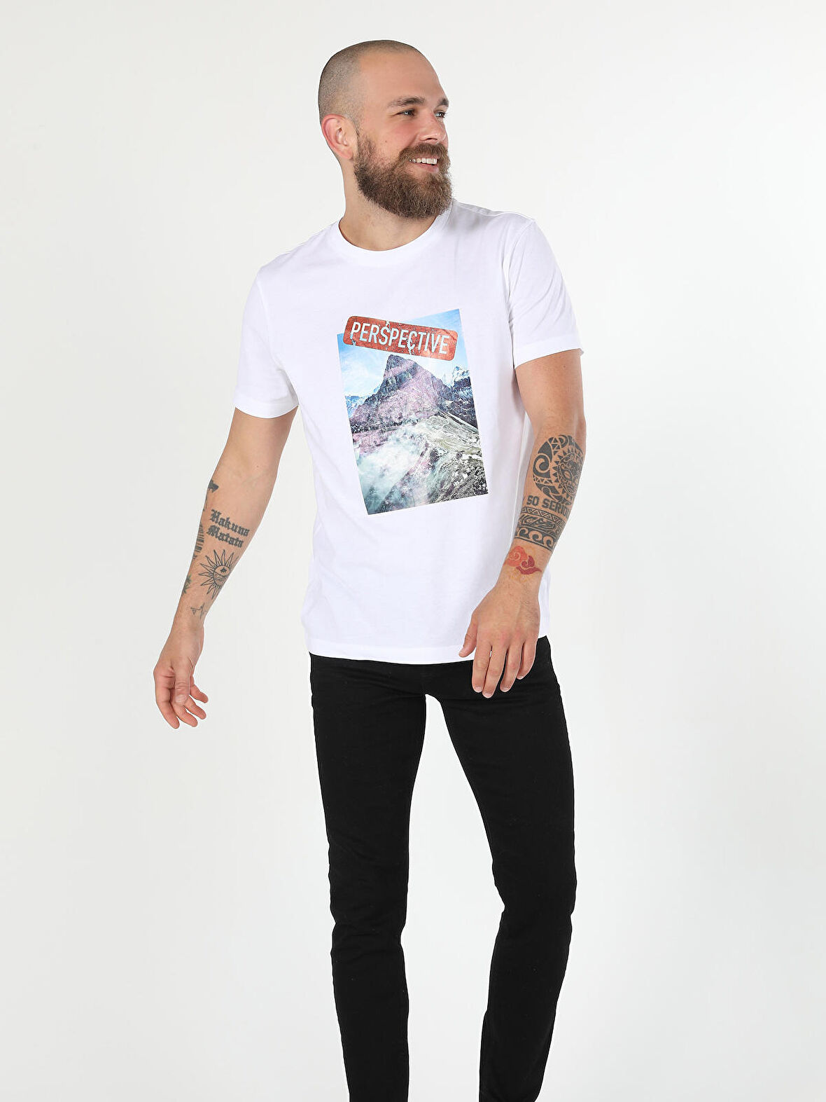 Regular Fit Bisiklet Yaka Baskılı Örme Beyaz Erkek Kısa Kol Tişört