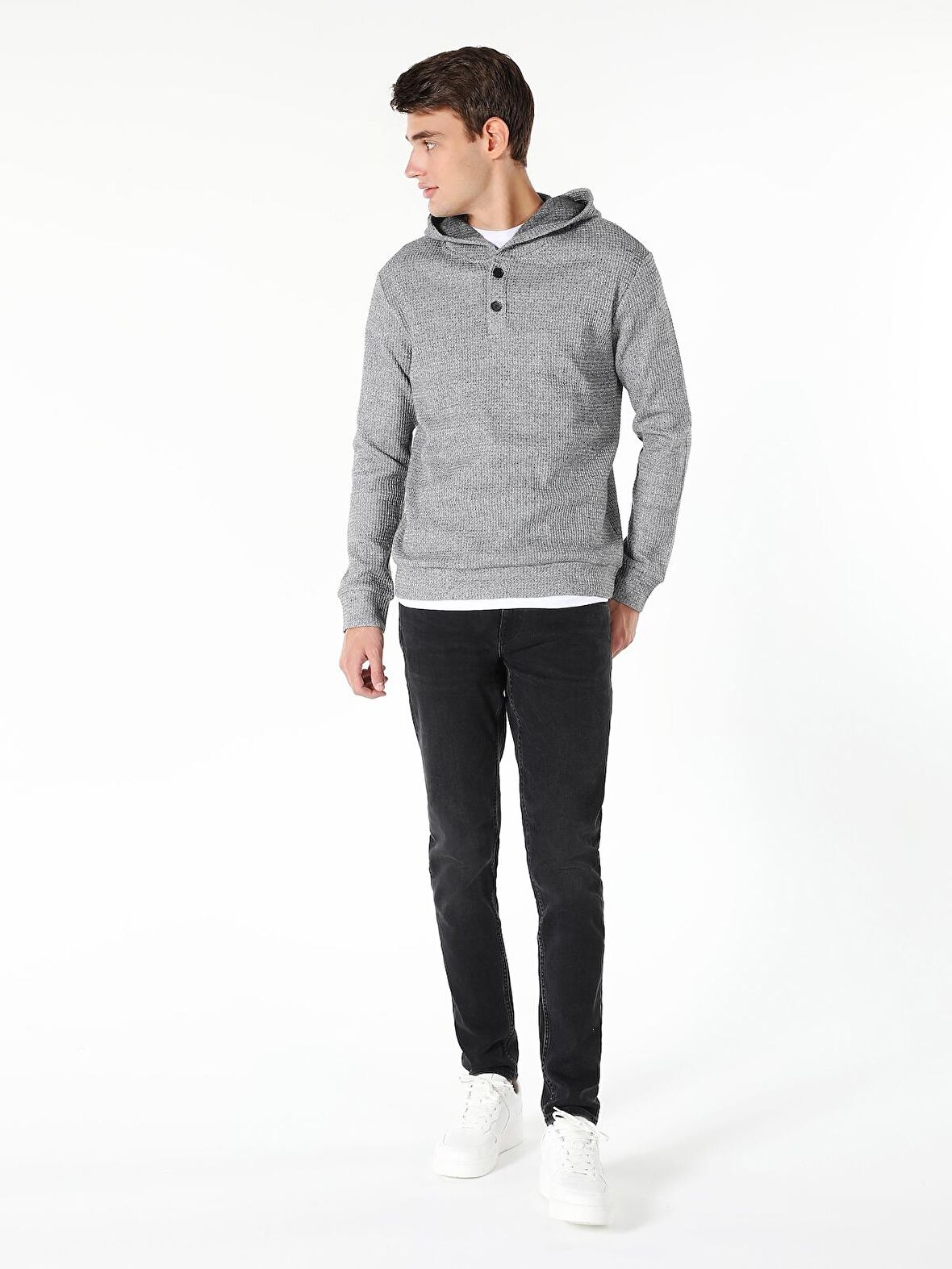 Regular Fit Hooded Kapüşonlu Düğmeli Yaka Gri Erkek Uzun Kol Tişört