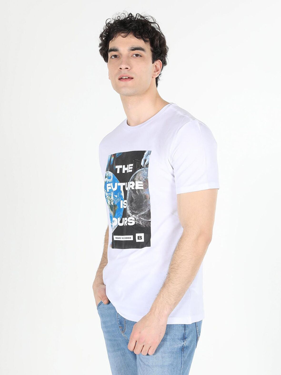 Regular Fit Bisiklet Yaka Baskılı Erkek Beyaz Kısa Kol Tişört