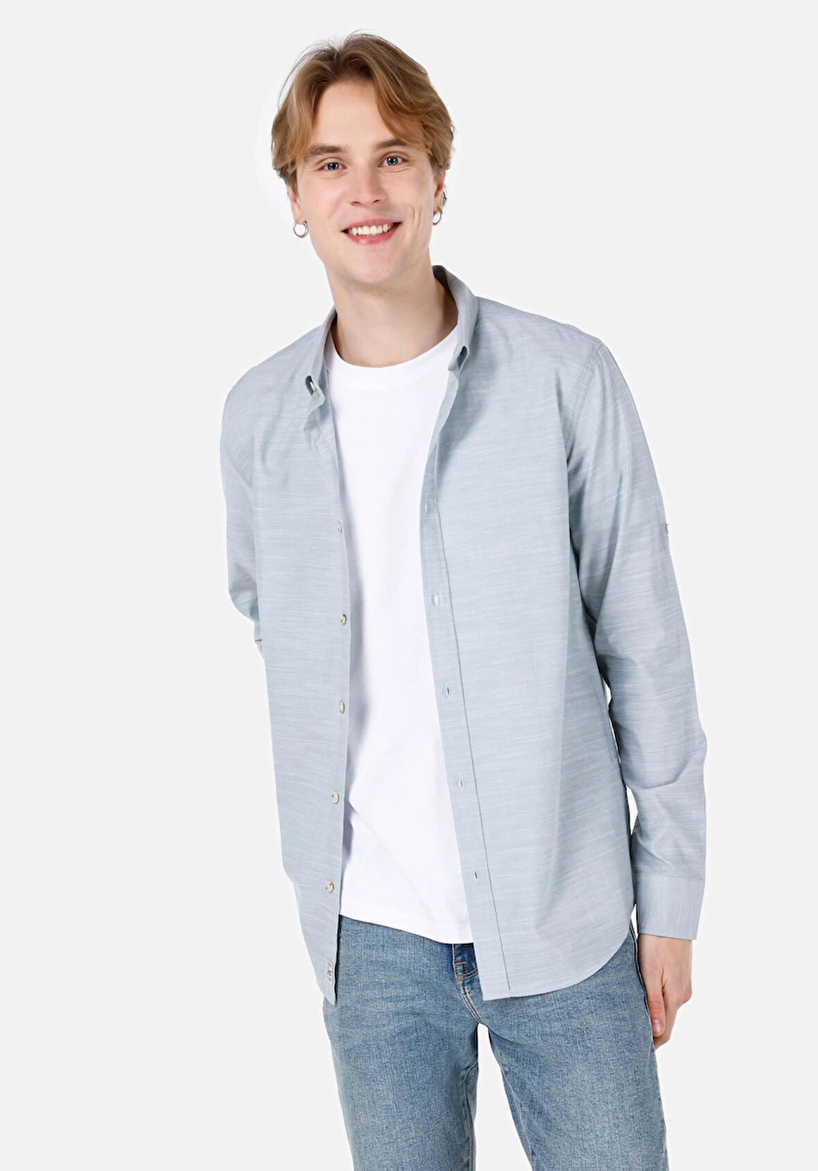 Regular Fit Shirt Neck Düz Erkek Yeşil Roll-up Gömlek