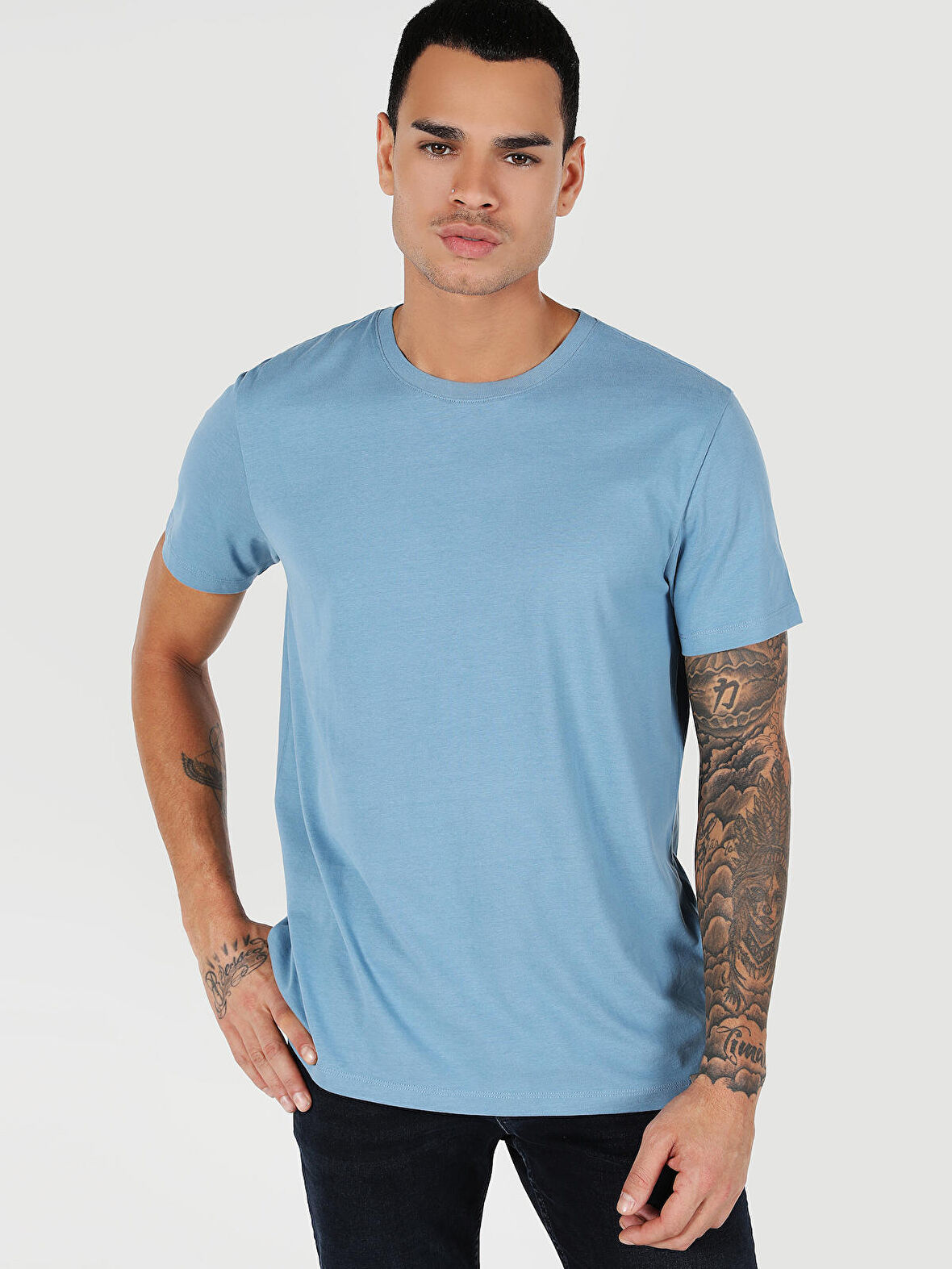 Regular Fit Bisiklet Yaka Basic Mavi Erkek Kısa Kol Tişört