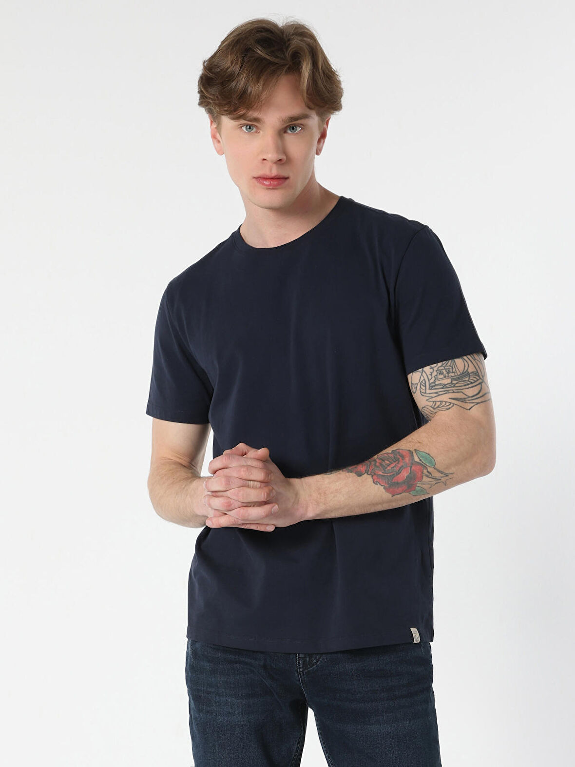 Regular Fit Bisiklet Yaka Basic Lacivert Erkek Kısa Kol Tişört