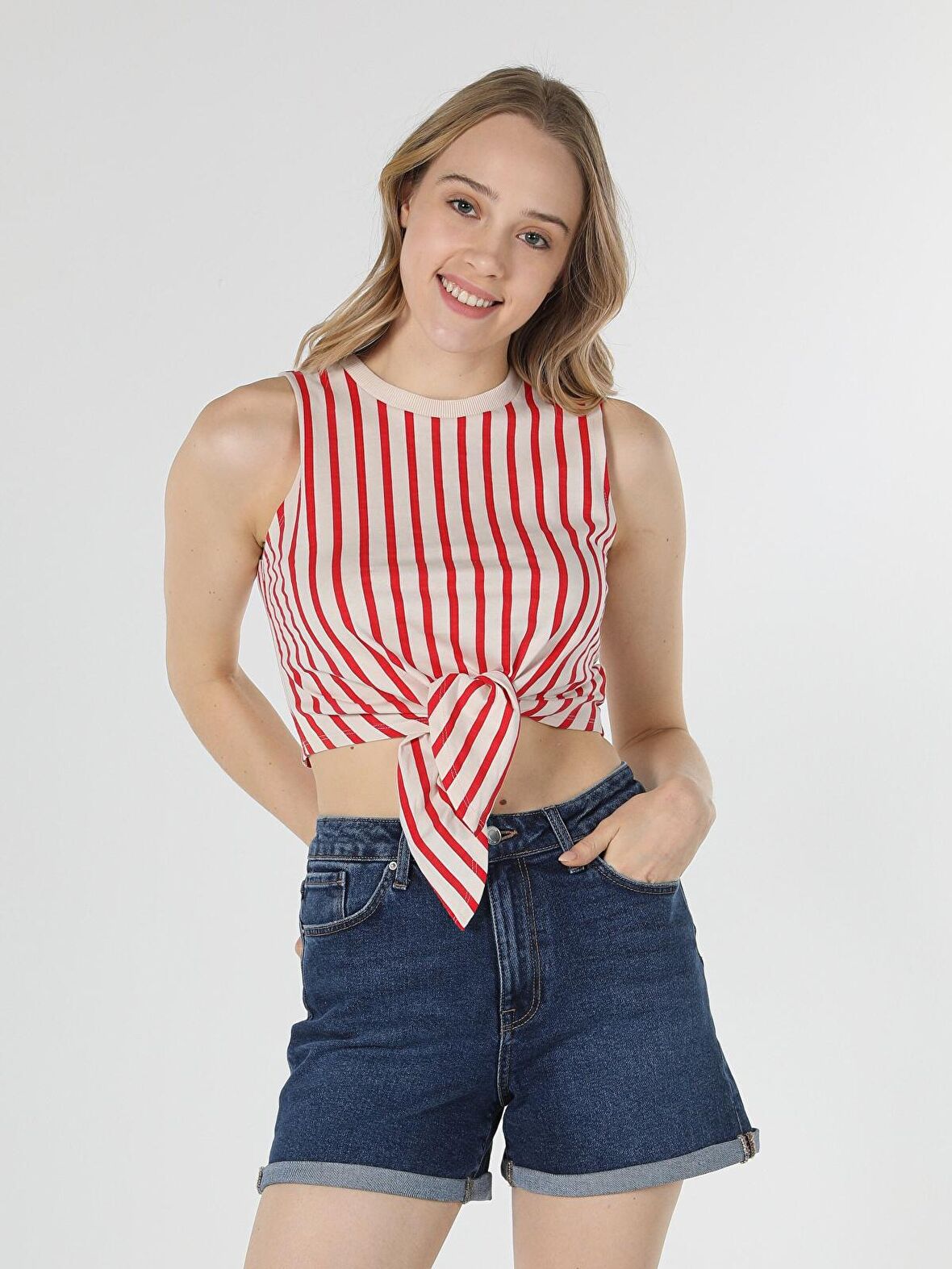 Regular Fit Çizgili Crop Kadın Kırmızı Atlet
