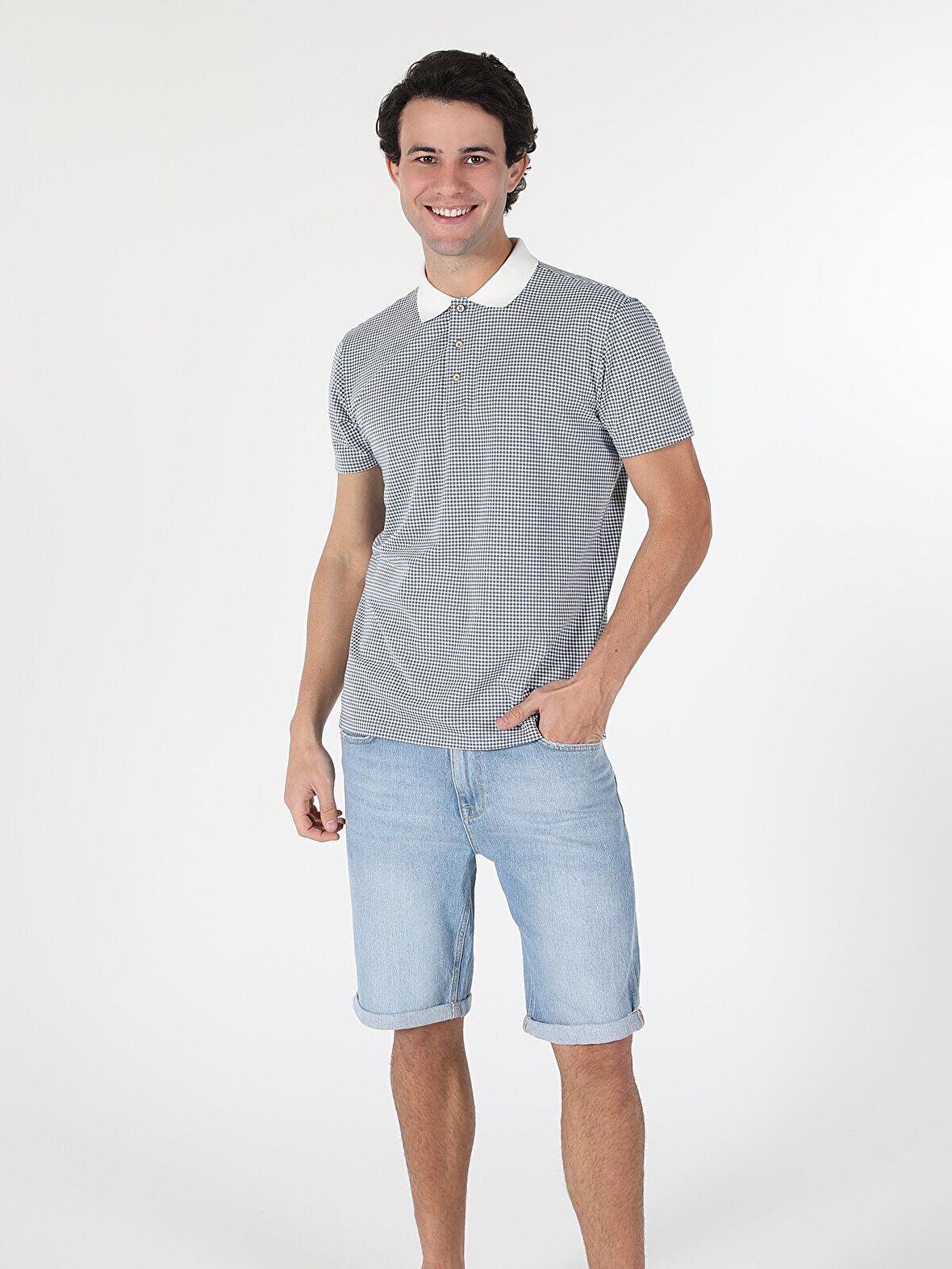 Regular Fit Polo Yaka Kareli Erkek Mavi Kısa Kol Tişört