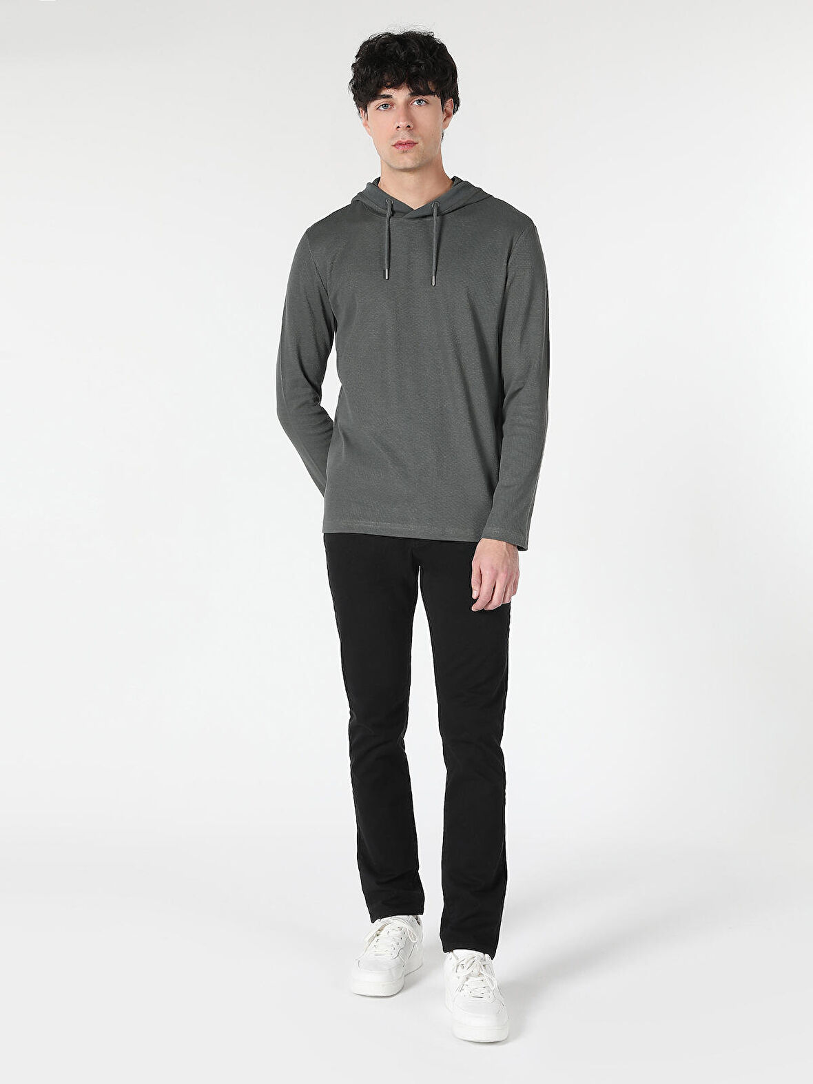 Regular Fit Kapüşonlu Yeşil Erkek Uzun Kol Tişört