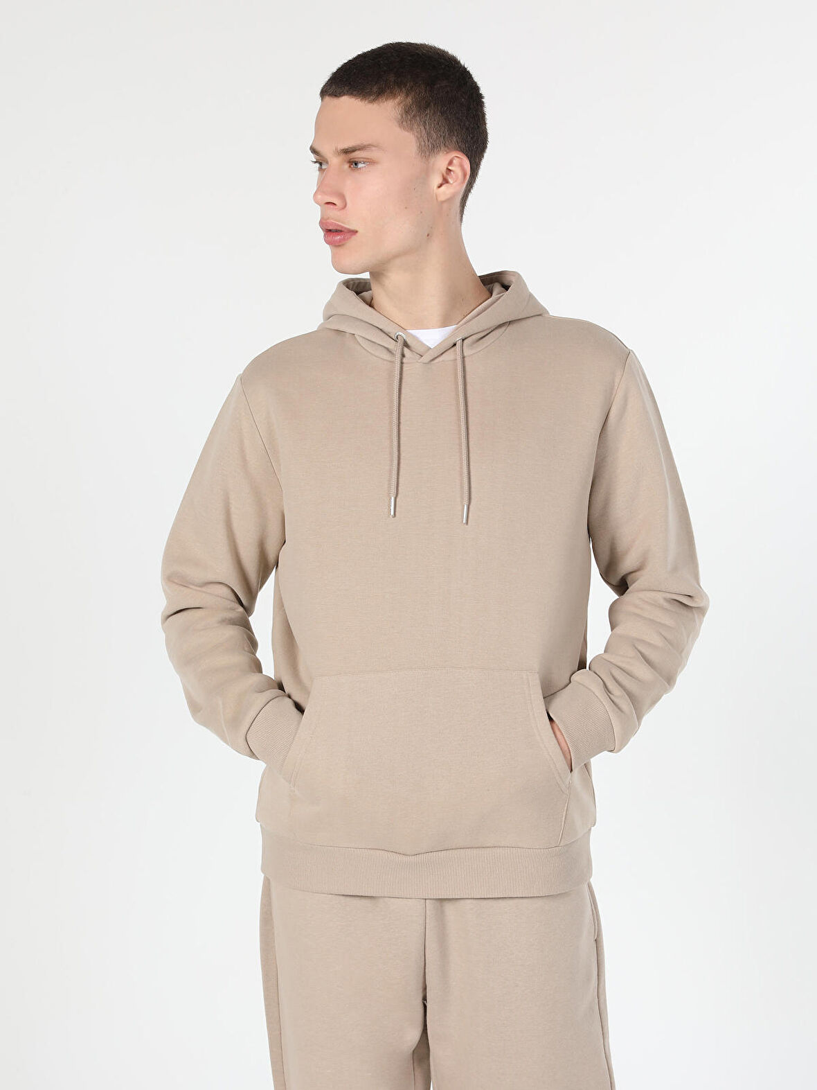 Regular Fit Kapüşonlu Bej Erkek Sweatshirt