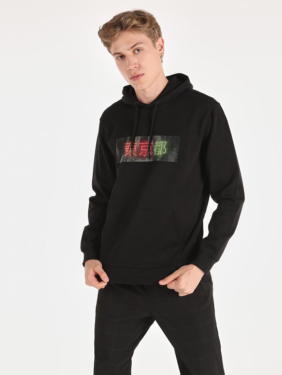 Regular Fit Baskılı Kapüşonlu Siyah Erkek Sweatshirt