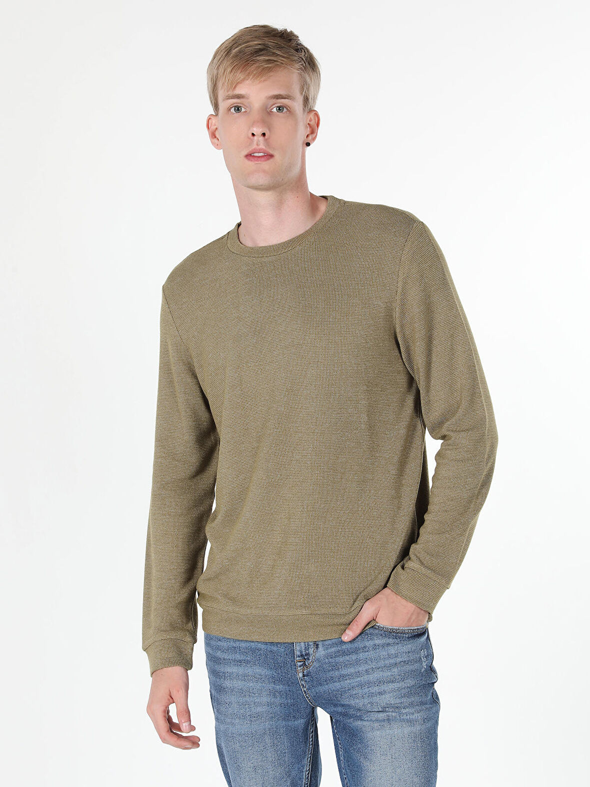 Regular Fit Bisiklet Yaka Yeşil Erkek Uzun Kol Tişört