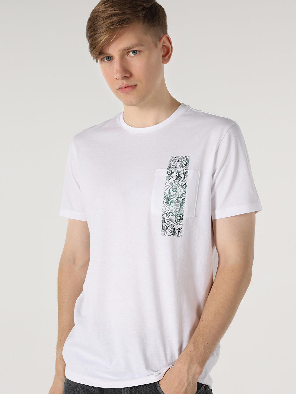 Regular Fit Bisiklet Yaka Baskılı Beyaz Erkek Kısa Kol Tişört