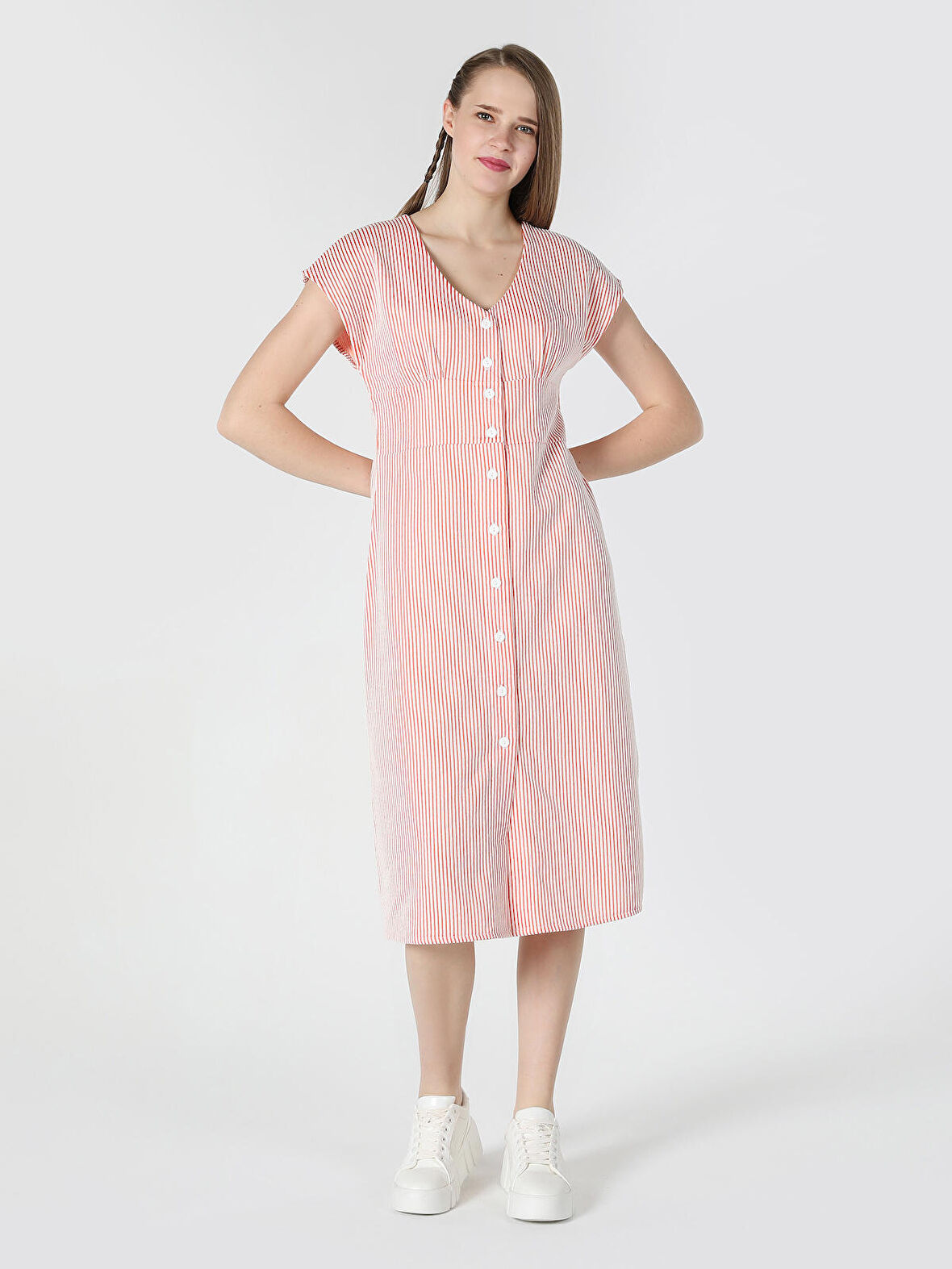 Regular Fit Çizgili Kırmızı Kadın Elbise