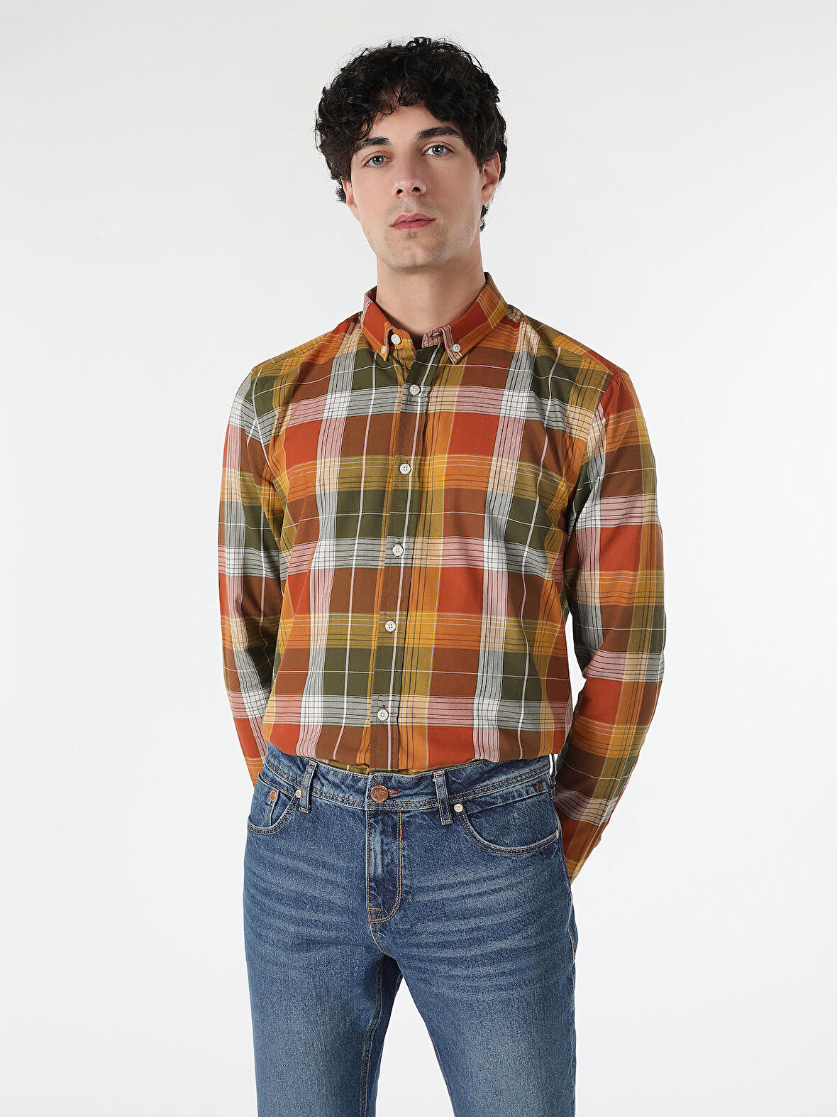 Slim Fit Kareli Sarı Erkek Uzun Kol Gömlek